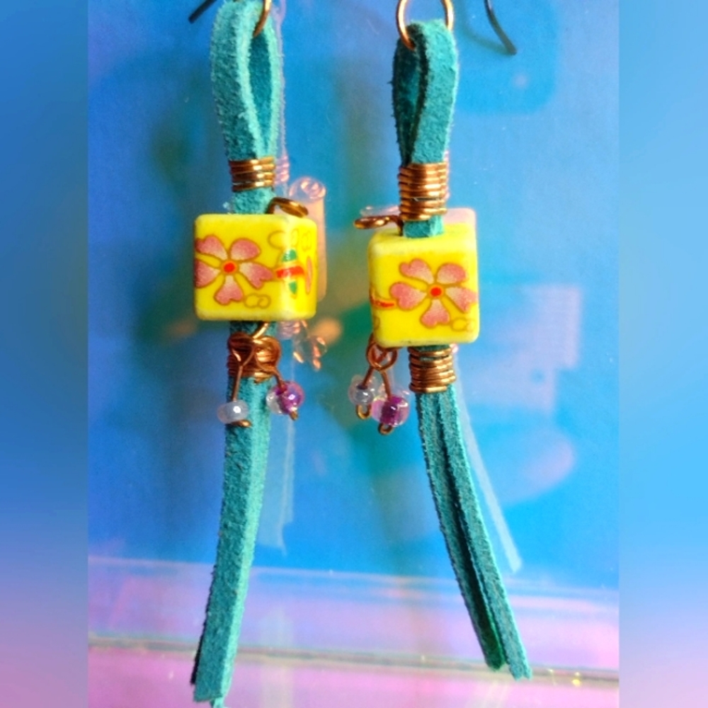Copper wire wrapped beaded faux leather handmade earrings blue floral yellow 💛